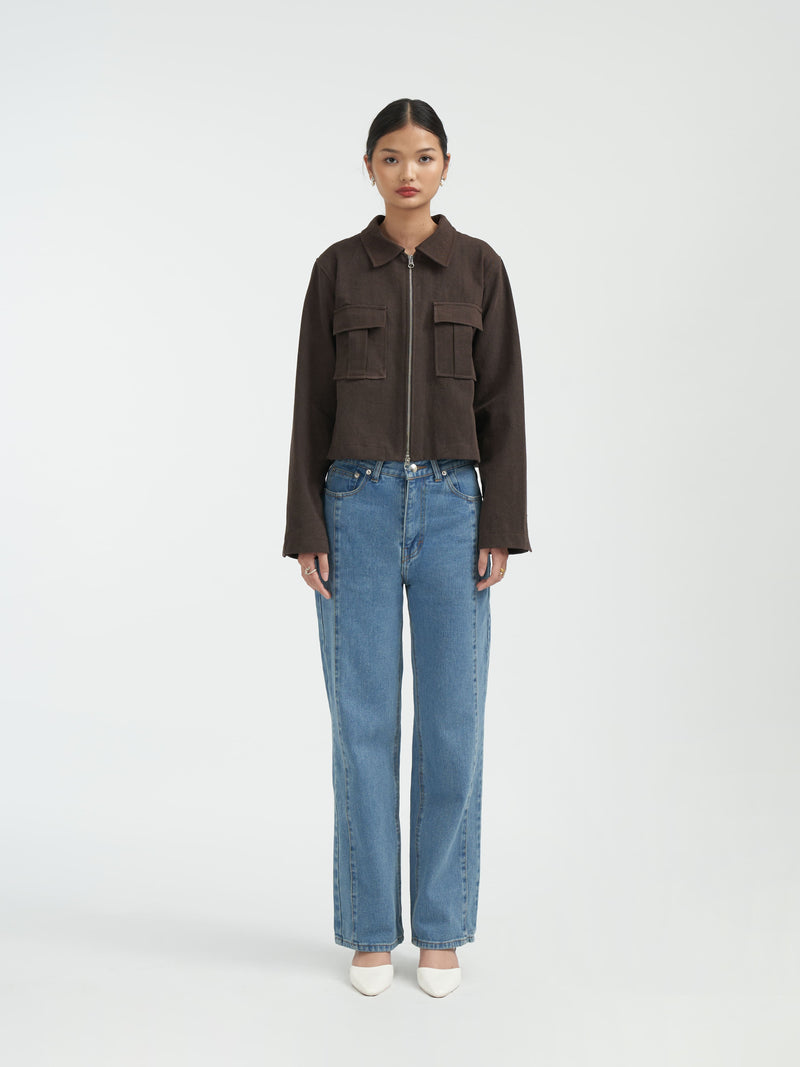 Damson Pleated Denim Jacket [Brown]
