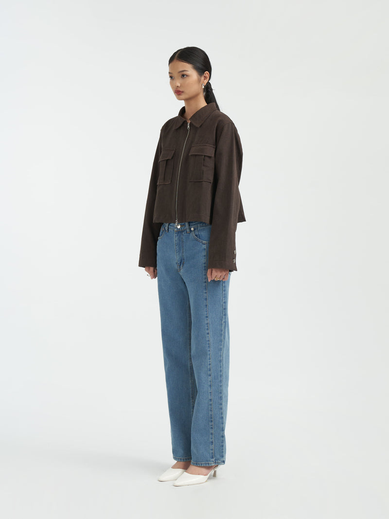 Damson Pleated Denim Jacket [Brown]