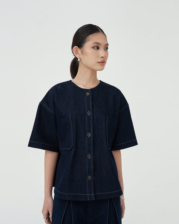 Damson Collarless Denim Shirt